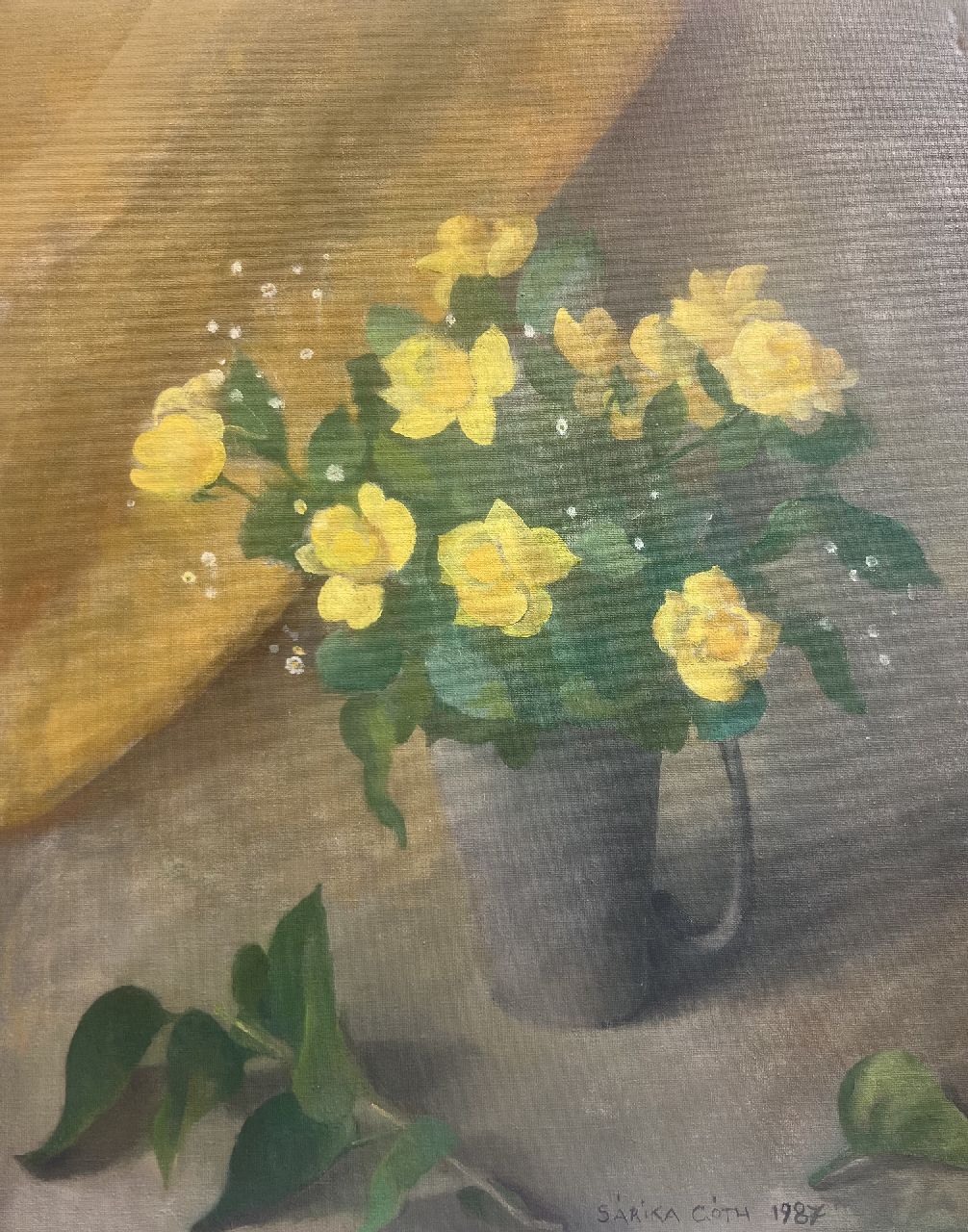 Góth C. | Charlotte 'Sarika' Góth | Paintings offered for sale | Vase with yellow roses, oil on canvas 50.0 x 40.0 cm, signed l.r. and dated 1987 Góth C. | Charlotte 'Sarika' Góth | Paintings offered for sale | Vase with yellow roses, oil on canvas 50.0 x 40.0 cm, signed l.r. and dated 1987