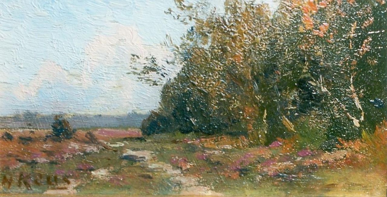 Keus A.  | Adriaan Keus, Heidelandschap, oil on panel 8.5 x 15.3 cm, gesigneerd linksonder