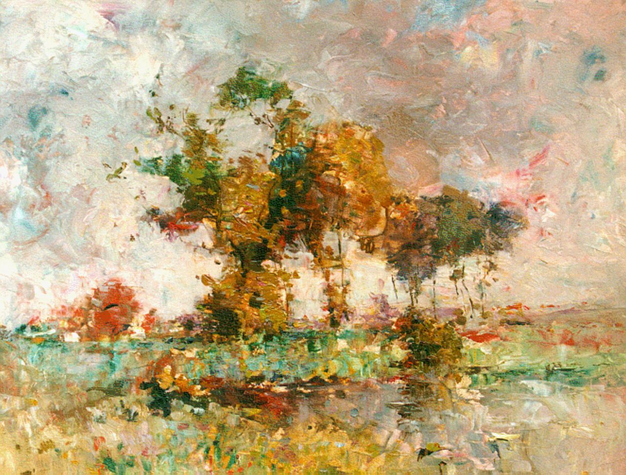 Frank L.  | Lucien Frank, Trees by a pond, oil on panel 37.6 x 46.0 cm, signed l.l.