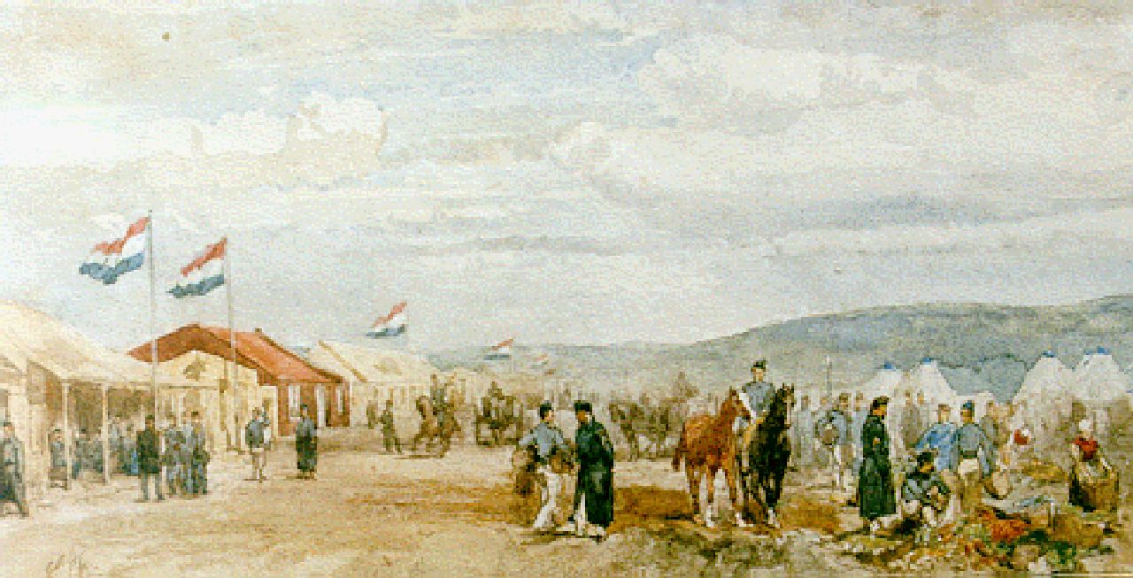 Rochussen Ch.  | Charles Rochussen, Artillery camp in the dunes, watercolour on paper 17.5 x 34.5 cm, signed l.l. with initials and dated '62