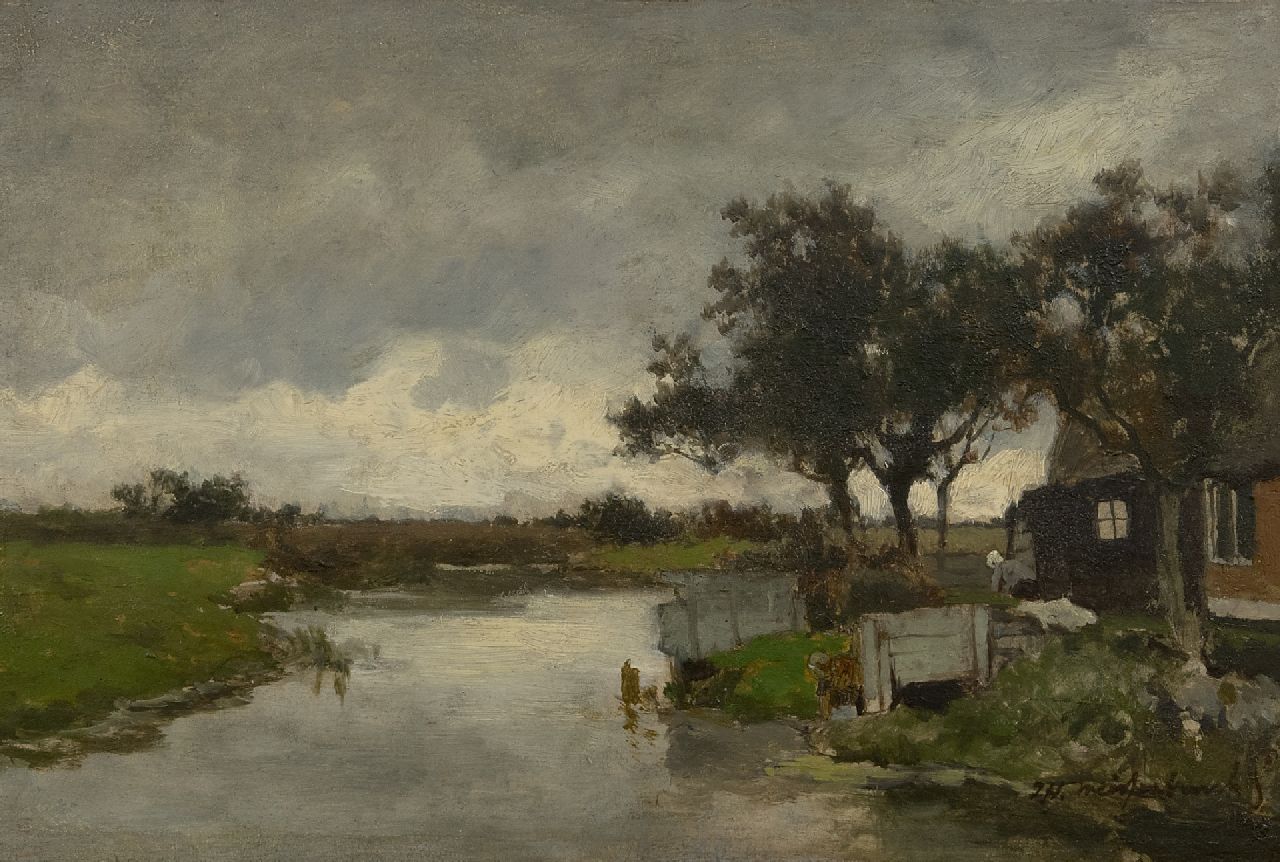 Weissenbruch H.J. | Hendrik Johannes 'J.H.' Weissenbruch | Paintings offered for sale | Laundry day (possible view from the backyard of the inn 'Het Vliegende Paard', Nieuwkoop), oil on panel 23.9 x 36.1 cm, signed l.r. Weissenbruch H.J. | Hendrik Johannes 'J.H.' Weissenbruch | Paintings offered for sale | Laundry day (possible view from the backyard of the inn 'Het Vliegende Paard', Nieuwkoop), oil on panel 23.9 x 36.1 cm, signed l.r.