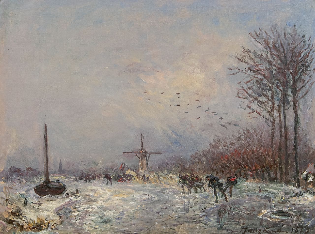Jongkind J.B. | Johan Barthold Jongkind | Paintings offered for sale | Dutch canal with skaters, oil on canvas 25.2 x 35.3 cm, signed l.r. and dated 1873 Jongkind J.B. | Johan Barthold Jongkind | Paintings offered for sale | Dutch canal with skaters, oil on canvas 25.2 x 35.3 cm, signed l.r. and dated 1873