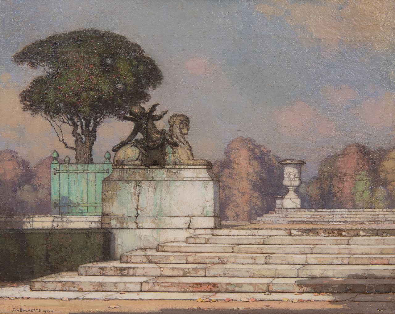 Bogaerts J.J.M. | Johannes Jacobus Maria 'Jan' Bogaerts, Statue of sfinx and cupido in the park of Versailles, oil on canvas 32.5 x 39.7 cm, signed l.l. and dated 1915 Bogaerts J.J.M. | Johannes Jacobus Maria 'Jan' Bogaerts, Statue of sfinx and cupido in the park of Versailles, oil on canvas 32.5 x 39.7 cm, signed l.l. and dated 1915