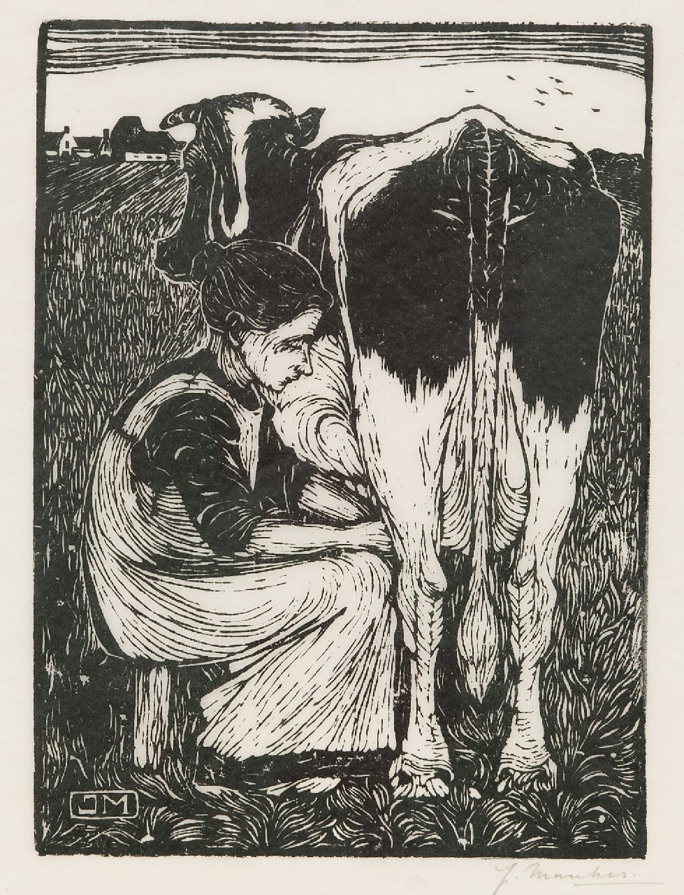 Mankes J. | Jan Mankes, Milking time, woodcut on paper 20.5 x 16.2 cm, signed l.r. in full (in pencil) and w. mon. in the block Mankes J. | Jan Mankes, Milking time, woodcut on paper 20.5 x 16.2 cm, signed l.r. in full (in pencil) and w. mon. in the block