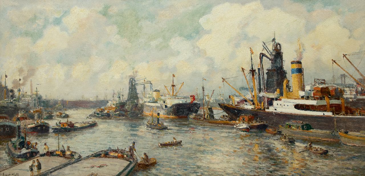 Moll E. | Evert Moll, A view of the Maashaven, Rotterdam, oil on canvas 81.0 x 164.5 cm, signed l.l. Moll E. | Evert Moll, A view of the Maashaven, Rotterdam, oil on canvas 81.0 x 164.5 cm, signed l.l.