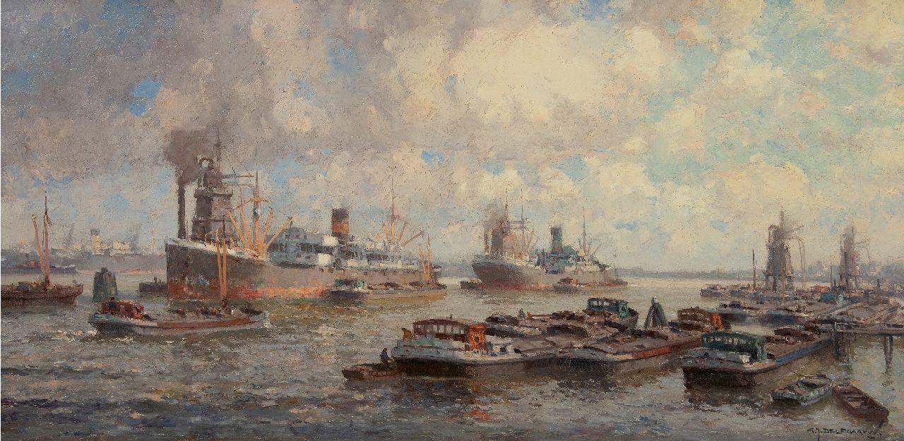 Delfgaauw G.J.  | Gerardus Johannes 'Gerard' Delfgaauw, The Rotterdam harbour, oil on canvas 60.6 x 120.7 cm, signed l.r. and without frame