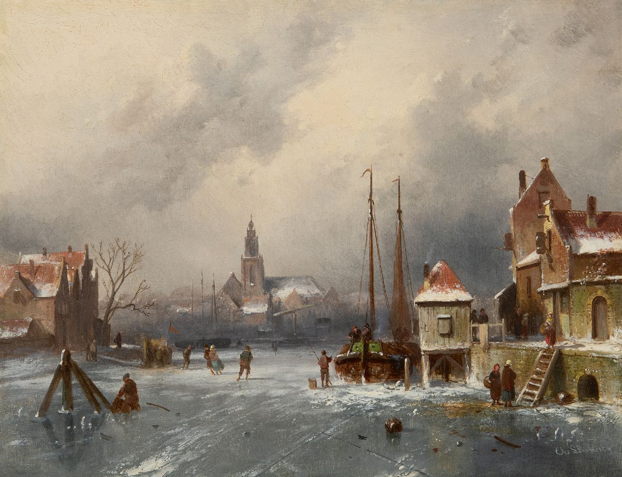 Leickert C.H.J. | 'Charles' Henri Joseph Leickert, A town view in winter with skaters and a 'koek-en-zopietent', oil on panel 31.6 x 41.0 cm, signed l.r. Leickert C.H.J. | 'Charles' Henri Joseph Leickert, A town view in winter with skaters and a 'koek-en-zopietent', oil on panel 31.6 x 41.0 cm, signed l.r.