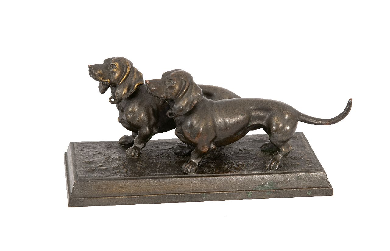 Duitse School (2e helft 19e eeuw)   | Duitse School (2e helft 19e eeuw), Two dachshunds, bronze 7.0 x 15.3 cm