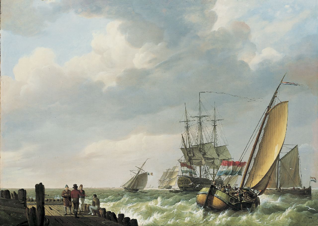 Koekkoek J.H.  | Johannes Hermanus Koekkoek, Shipping in a stiff breeze, oil on panel 44.8 x 62.2 cm, signed l.l. and dated 1810
