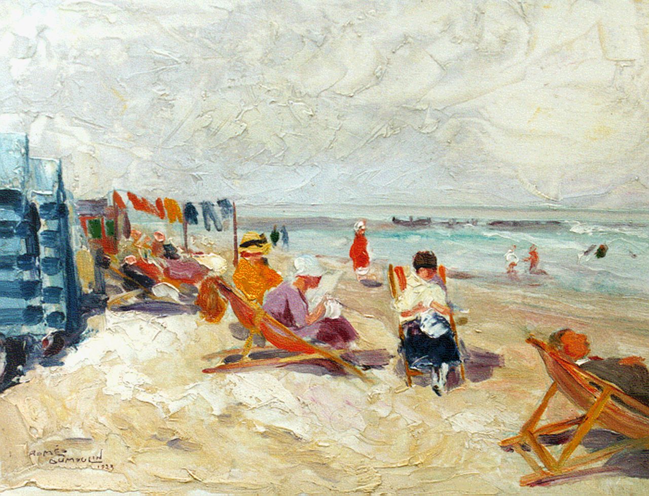 Dumoulin R.  | Roméo Dumoulin, Figures on the beach, oil on panel 26.8 x 35.0 cm, signed l.l. and dated 1923