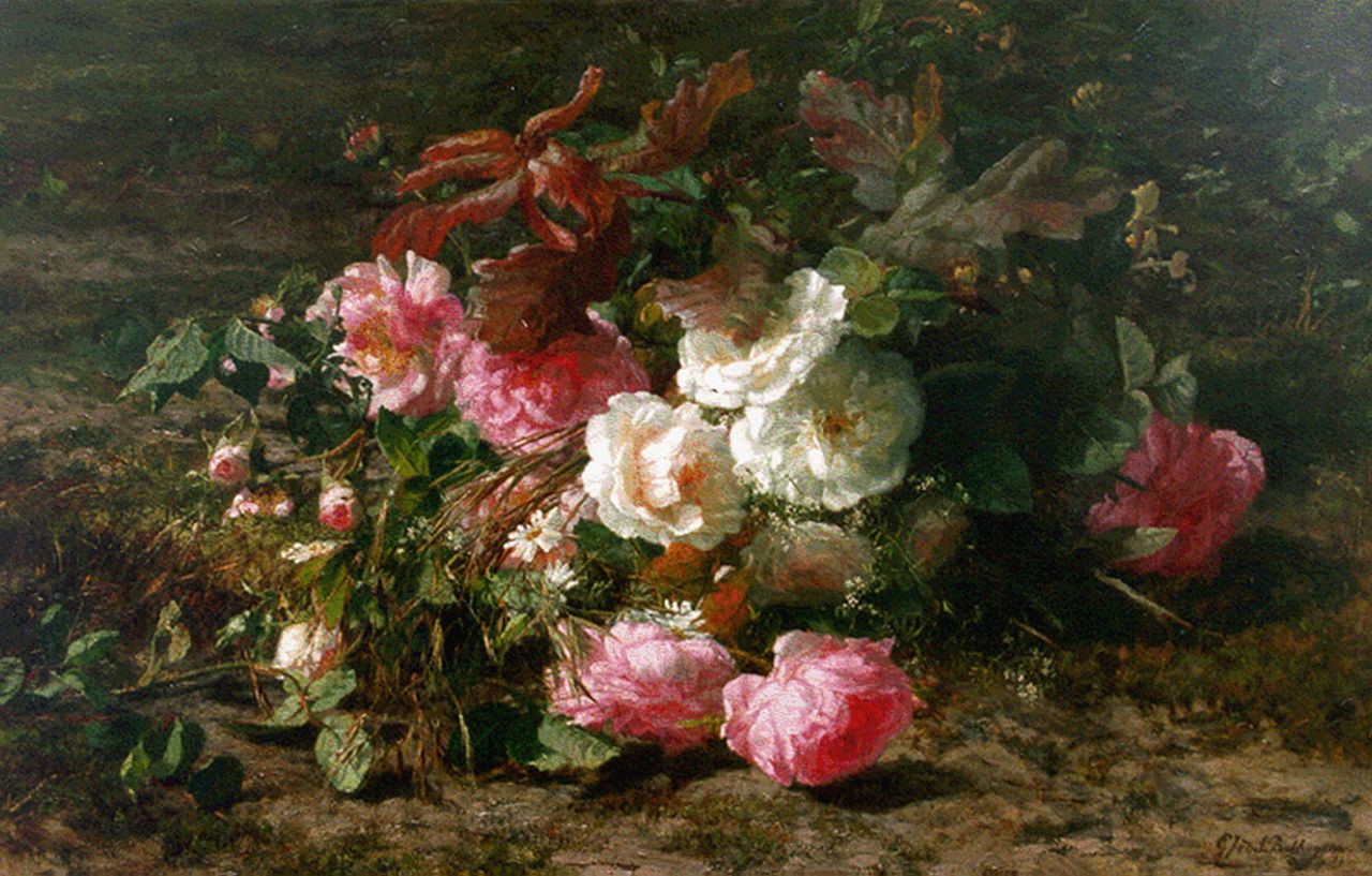 Sande Bakhuyzen G.J. van de | 'Gerardine' Jacoba van de Sande Bakhuyzen, A bouquet of roses on a forest-path, oil on canvas 49.3 x 77.0 cm, signed l.r.