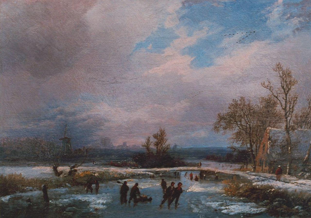 Koekkoek I M.A.  | Marinus Adrianus Koekkoek I, Skaters on a frozen river, oil on panel 17.2 x 26.0 cm, signed l.l.