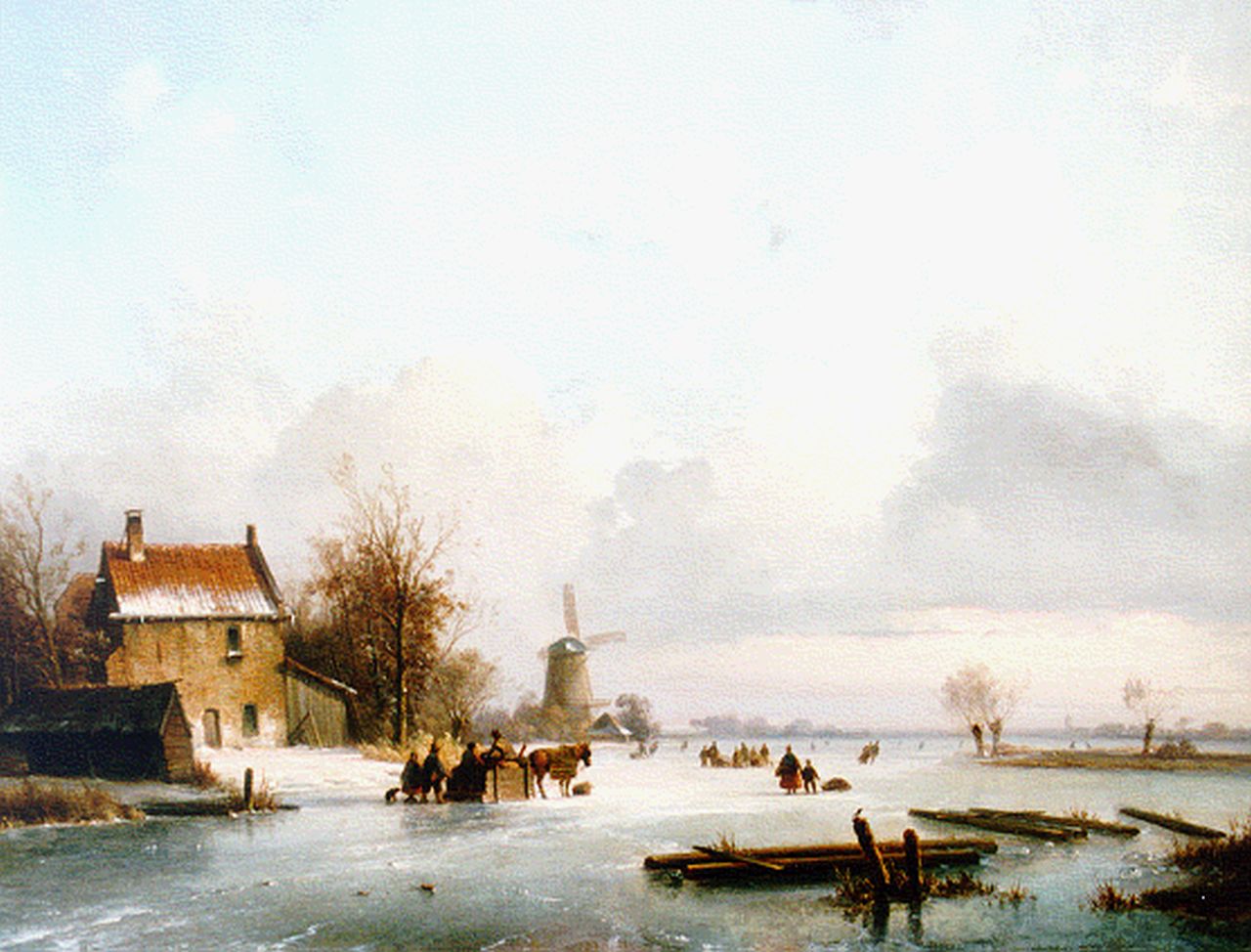 Kleijn L.J.  | Lodewijk Johannes Kleijn, An extensive winter landscape with skaters on the ice, oil on panel 44.2 x 55.2 cm, signed l.r.