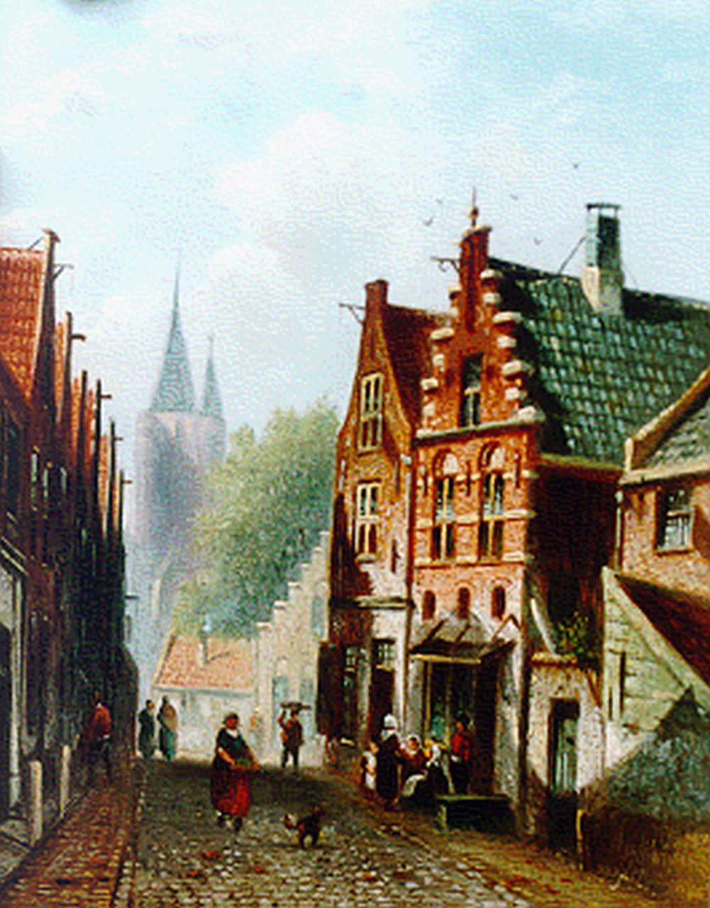 Spohler J.F.  | Johannes Franciscus Spohler, A sunlit Dutch street, oil on panel 18.9 x 14.9 cm, signed l.r.