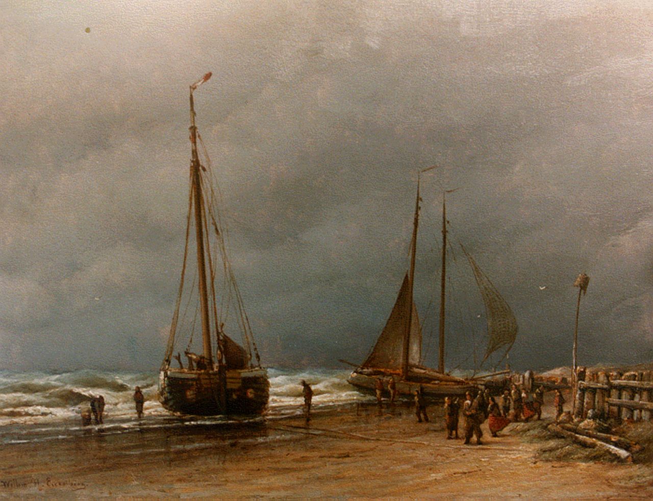 Eickelberg W.H.  | Willem Hendrik Eickelberg, Flatboats on the beach, oil on panel 31.3 x 41.0 cm, signed l.l.