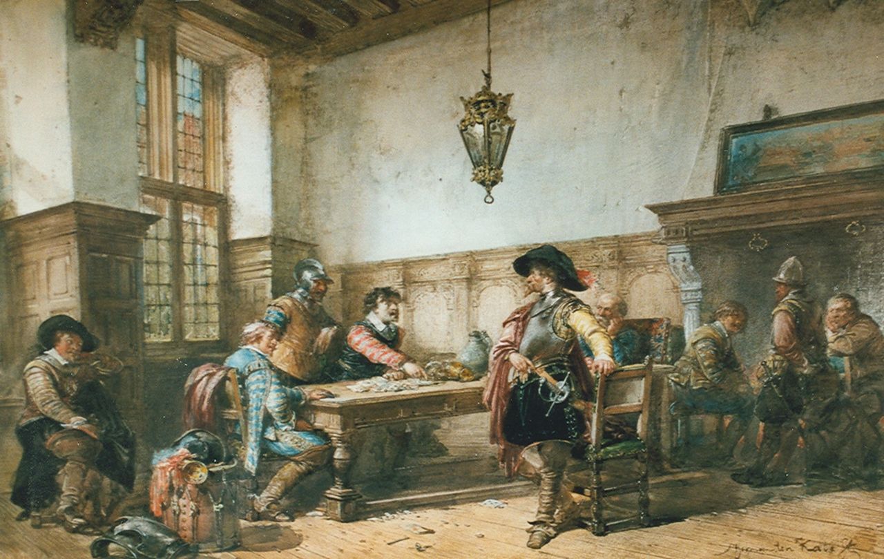 Kate H.F.C. ten | 'Herman' Frederik Carel ten Kate, Interior with soldiers, oil on panel 24.5 x 34.1 cm, signed l.r.