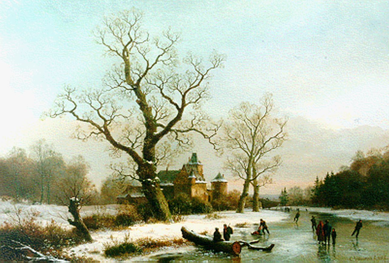 Bimmermann C.  | Caesar Bimmermann, Figures on a frozen waterway, a castle beyond, oil on canvas 65.8 x 96.0 cm, signed l.r.