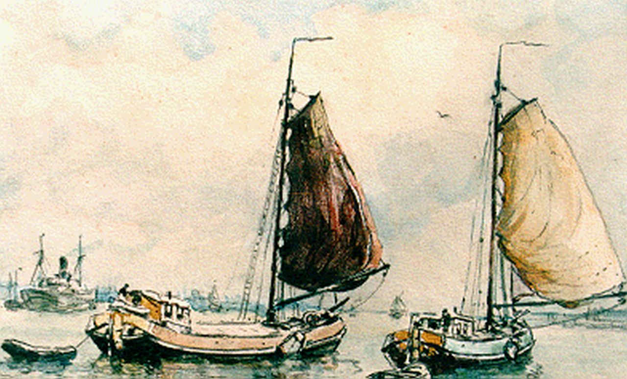 Moll E.  | Evert Moll, Flatboats in a calm, mixed media on paper 14.5 x 20.0 cm, signed l.l.