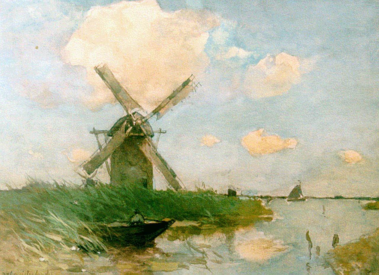 Weissenbruch H.J.  | Hendrik Johannes 'J.H.' Weissenbruch, A windmill in a polder landscape, watercolour and gouache on paper 39.7 x 54.7 cm, signed l.l.