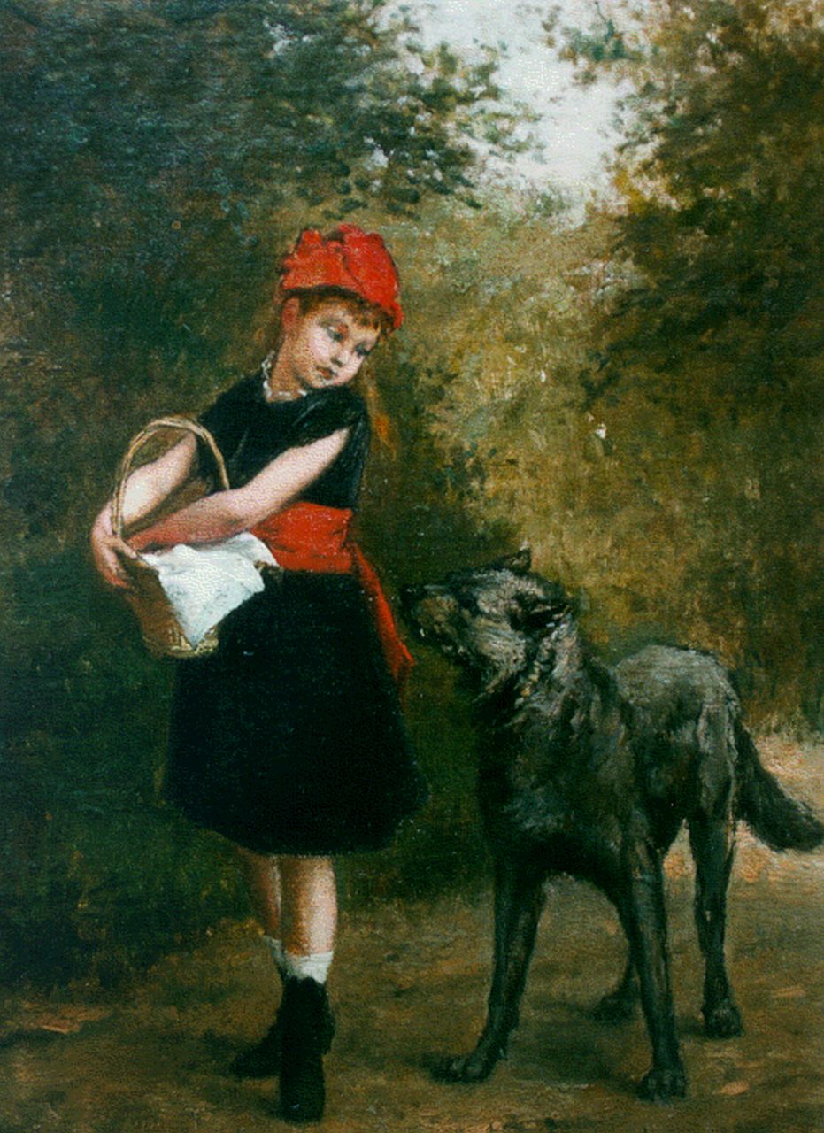 Roosenboom A.  | Albert Roosenboom, Little Red Riding Hood, oil on canvas 35.2 x 25.0 cm, signed l.r. and dated 1880 on the reverse