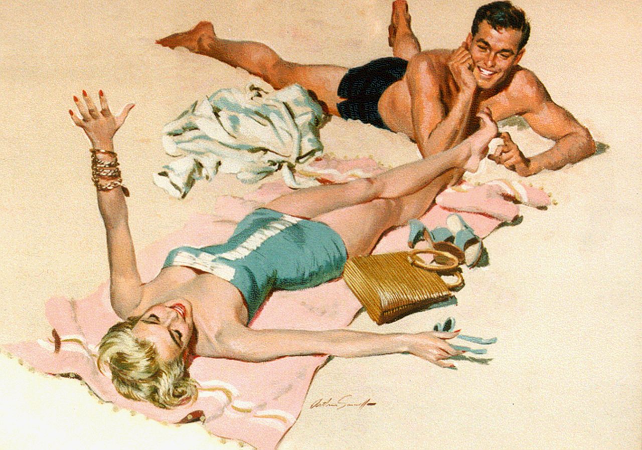 Sarnoff A.  | Arthur Sarnoff, Sunbathing, gouache on paper 41.5 x 56.0 cm, signed l.c.