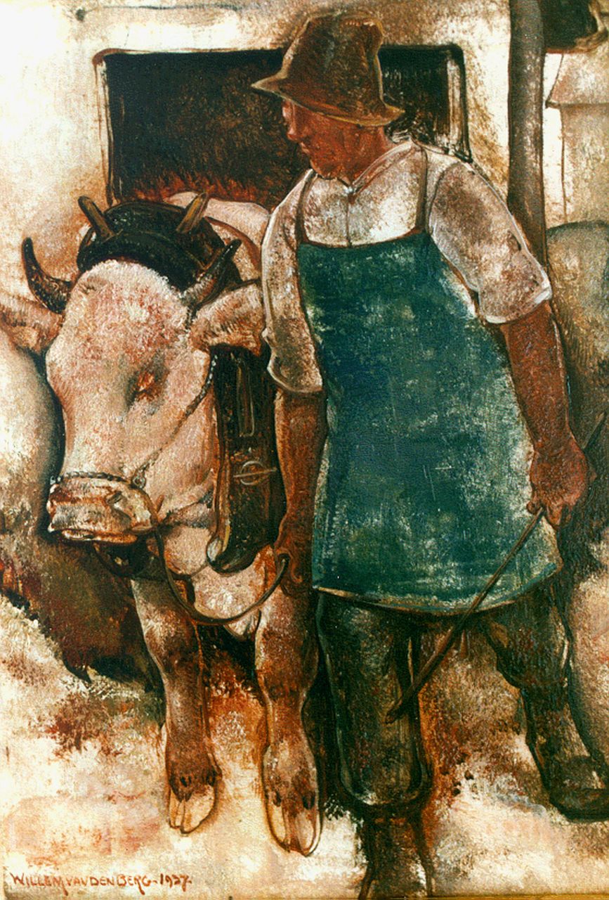 Berg W.H. van den | 'Willem' Hendrik van den Berg, A farner and a ox, oil on panel 23.3 x 16.2 cm, signed l.l. and dated 1937