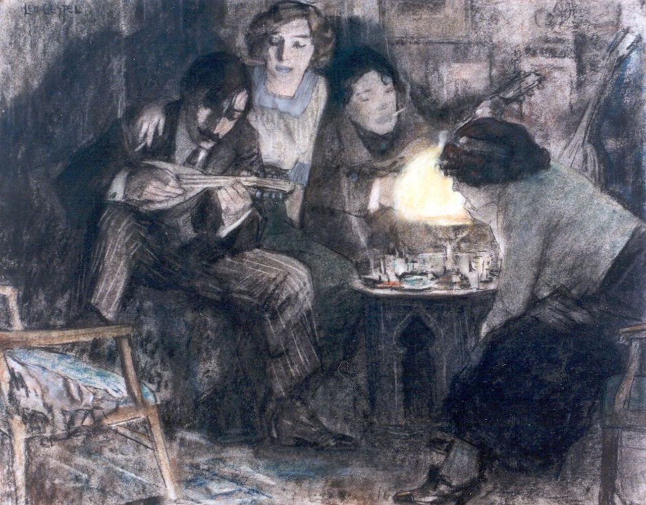 Gestel L.  | Leendert 'Leo' Gestel, Having a party at the Boendermaker's house, pastel on paper 37.0 x 46.2 cm, signed u.l. and dated 1910