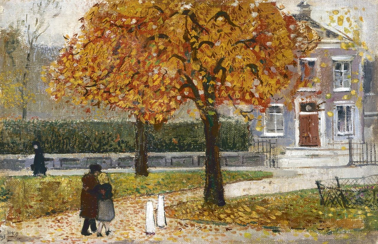 Kamerlingh Onnes H.H.  | 'Harm' Henrick Kamerlingh Onnes, Fall day, Delft, oil on canvas laid down on panel 21.7 x 33.1 cm, signed l.l. with monogram and dated '45