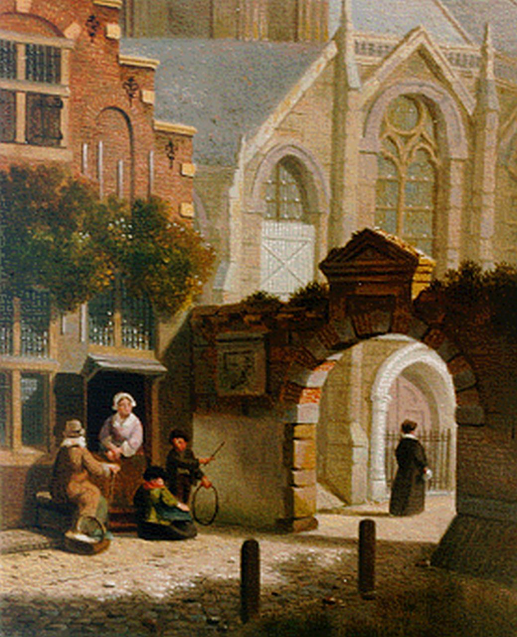 Verheijen J.H.  | Jan Hendrik Verheijen, Figures in a Dutch town, oil on panel 15.7 x 12.8 cm, signed l.r.