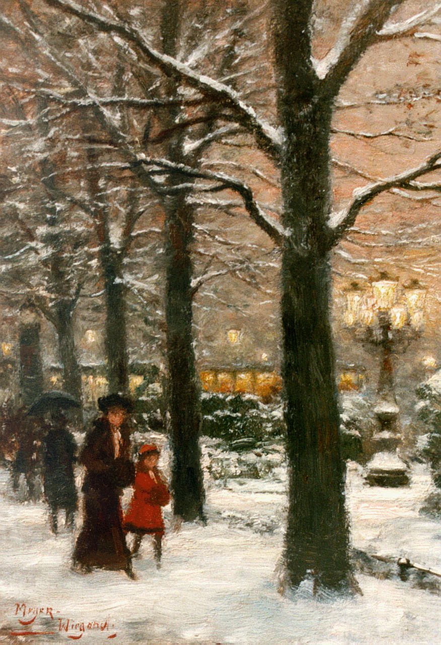 Meyer-Wiegand R.D.  | Rolf Dieter Meyer-Wiegand, Corneliusplatz in winter, Düsseldorf, oil on panel 18.0 x 13.0 cm, signed l.l.