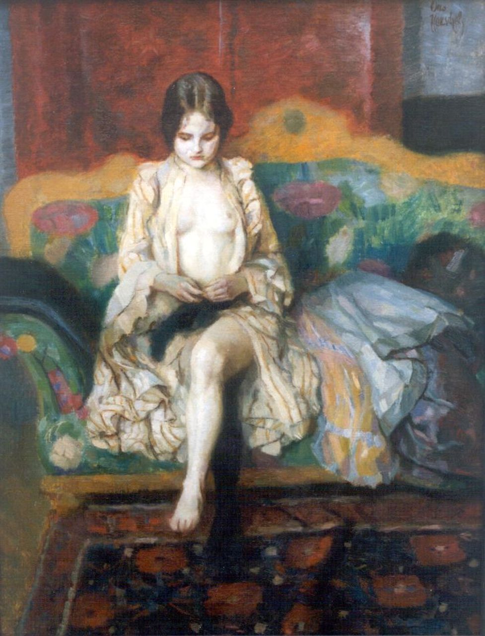 Herschel O.J.  | Otto J. Herschel, A young lady on a sofa, oil on canvas 52.9 x 40.8 cm, signed u.r.