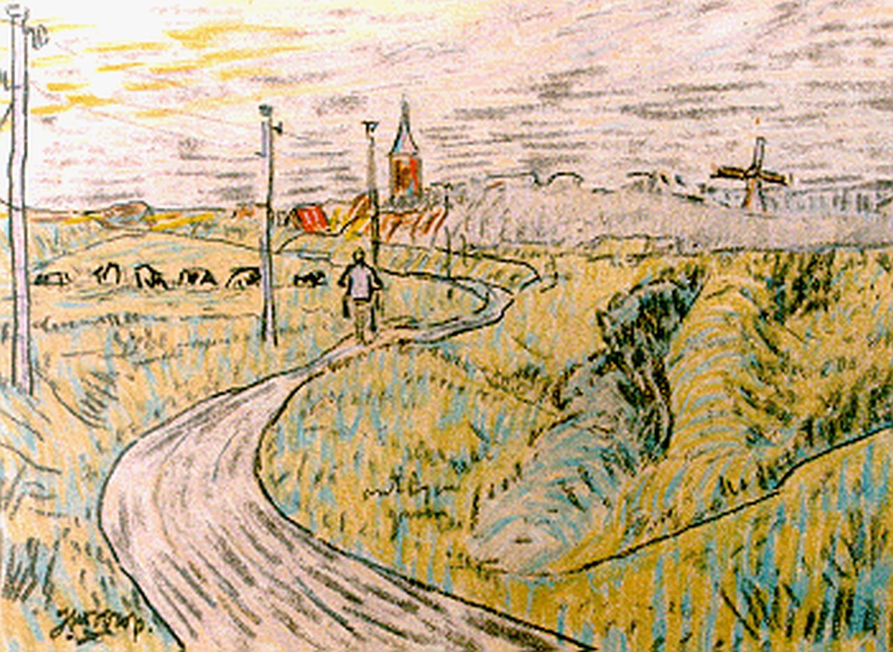 Toorop J.Th.  | Johannes Theodorus 'Jan' Toorop, Cycling in Zeeland, mixed media on paper 11.5 x 16.0 cm, signed l.l.