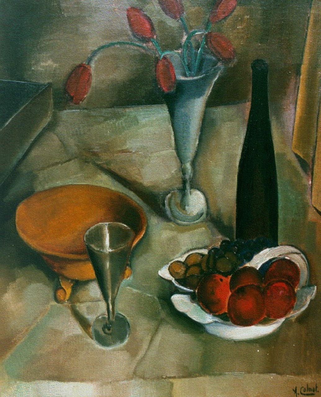 Colnot A.J.G.  | 'Arnout' Jacobus Gustaaf Colnot, A still life with bottle and fruit, oil on canvas 76.5 x 64.4 cm, signed l.r.
