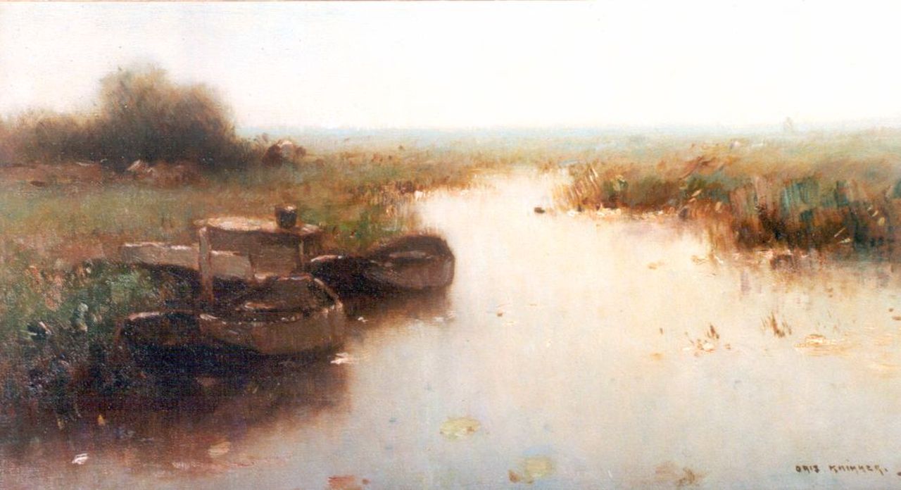 Knikker A.  | Aris Knikker, Moored barges in a polder landscape, oil on canvas 25.0 x 45.2 cm, signed l.r.