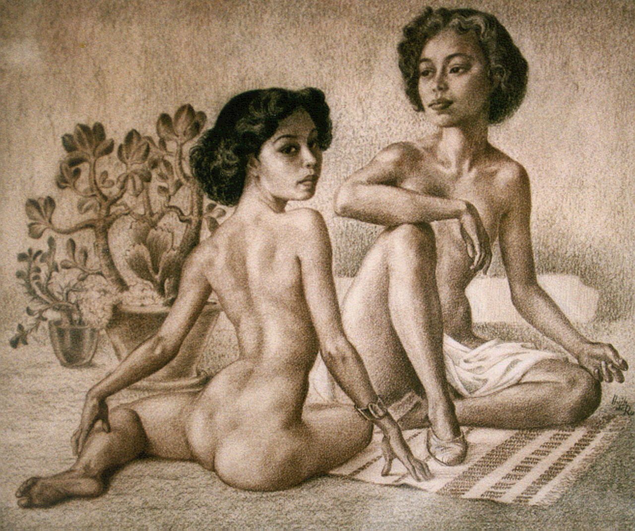 Ru H.B.W. de | Huibert Bernardus Wilhelmus 'Huib' de Ru, Two Oriental nudes, pencil on paper 34.5 x 41.0 cm, signed l.r.