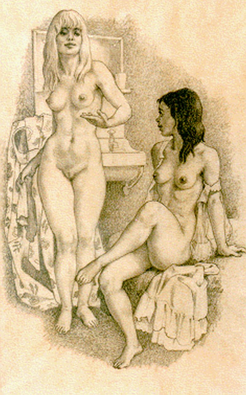 Ru H.B.W. de | Huibert Bernardus Wilhelmus 'Huib' de Ru, A seated and standing nude, pencil on paper 24.0 x 16.5 cm, signed l.r.