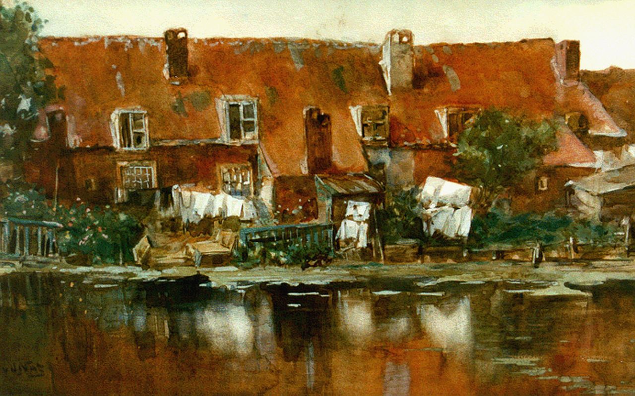 Nat W.H. van der | 'Willem' Hendrik van der Nat, Houses along a waterway, watercolour on paper 30.6 x 48.1 cm, signed l.l.