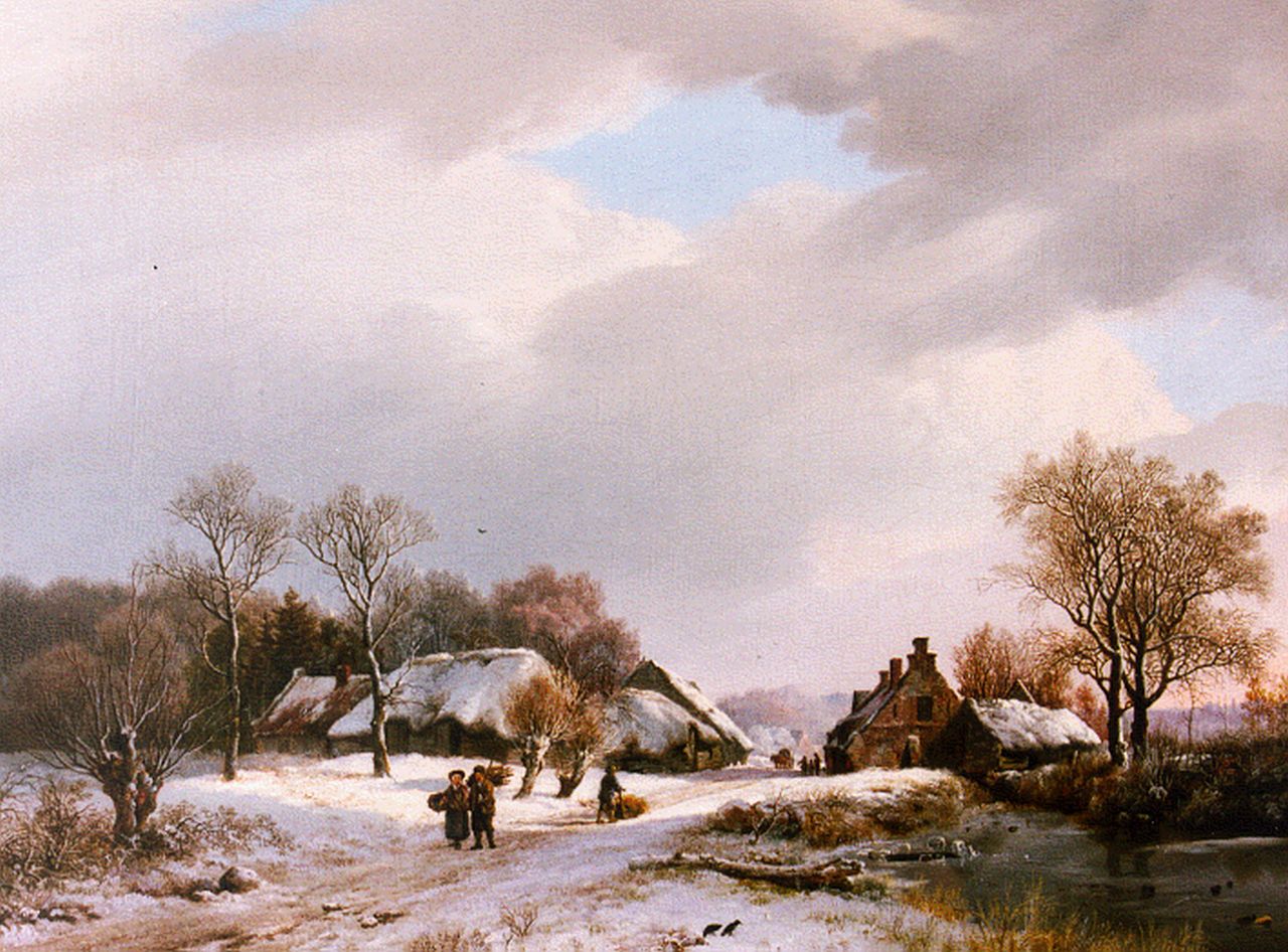 Koekkoek B.C.  | Barend Cornelis Koekkoek, A winter landscape with travellers on a path, oil on canvas 36.0 x 47.2 cm, signed l.r. and dated 1827