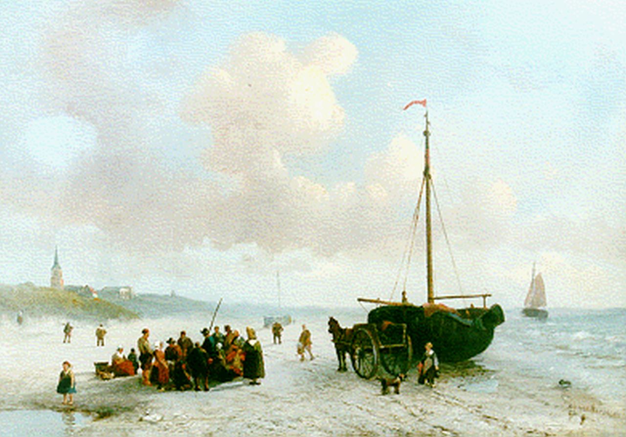 Wilbers A.P.H.  | Adrianus Petrus Hendrikus Wilbers, Fishermen on the beach of Scheveningen, oil on panel 29.4 x 41.3 cm, signed l.r. and dated '52