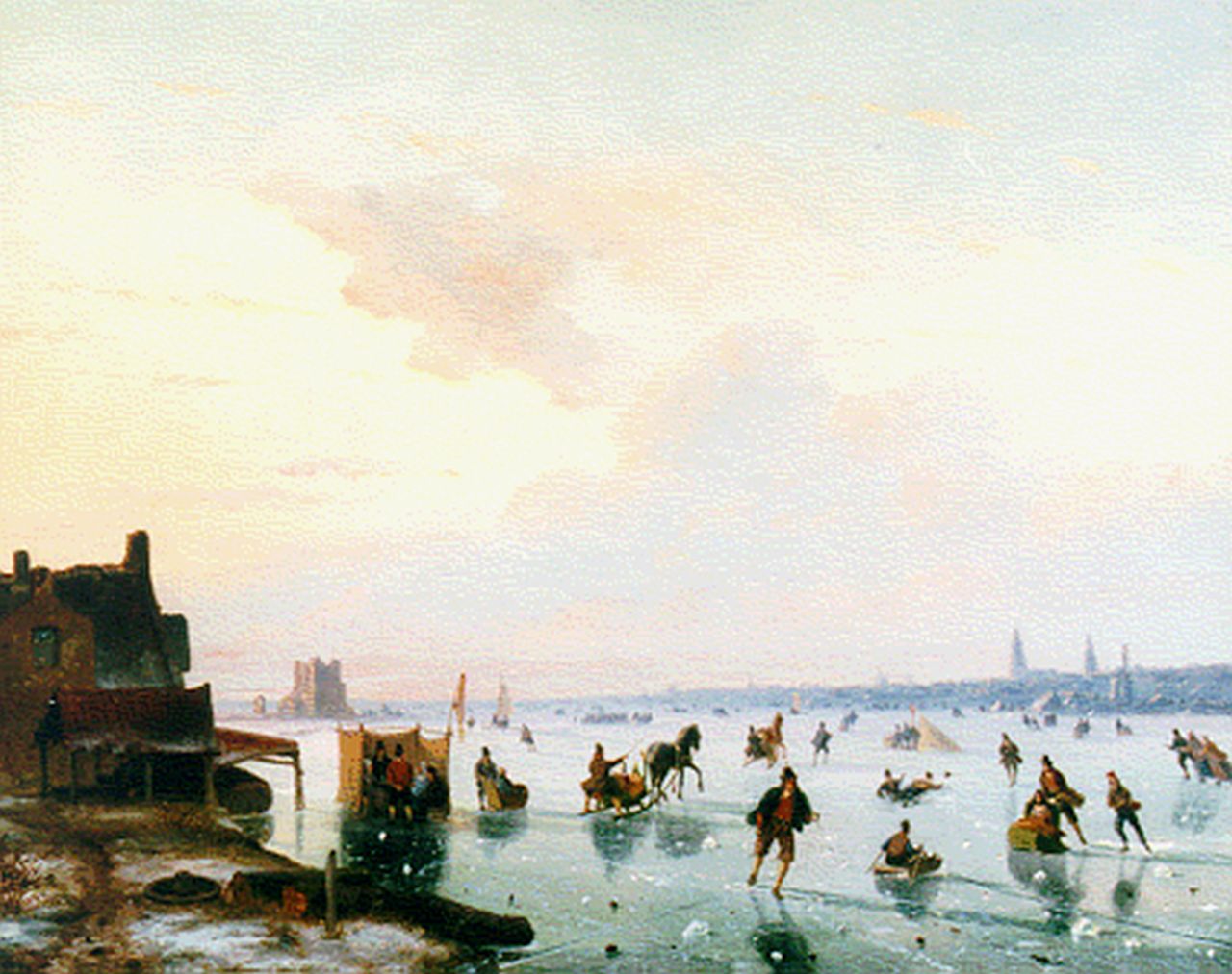 Roosenboom N.J.  | Nicolaas Johannes Roosenboom, A frozen waterway with skaters, oil on panel 36.5 x 46.7 cm, signed l.r.