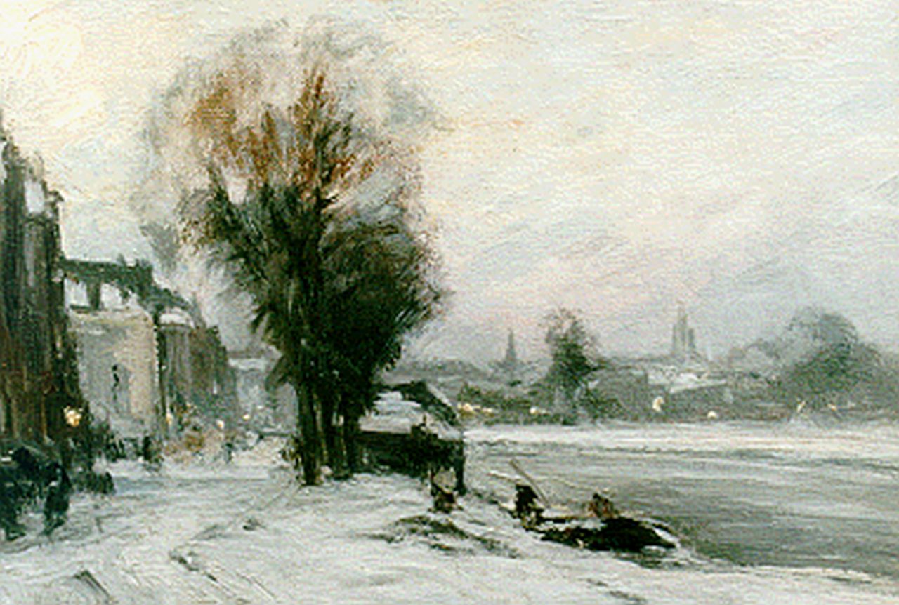 Apol L.F.H.  | Lodewijk Franciscus Hendrik 'Louis' Apol, A snow-covered quay, oil on canvas 21.2 x 30.3 cm, signed l.l.