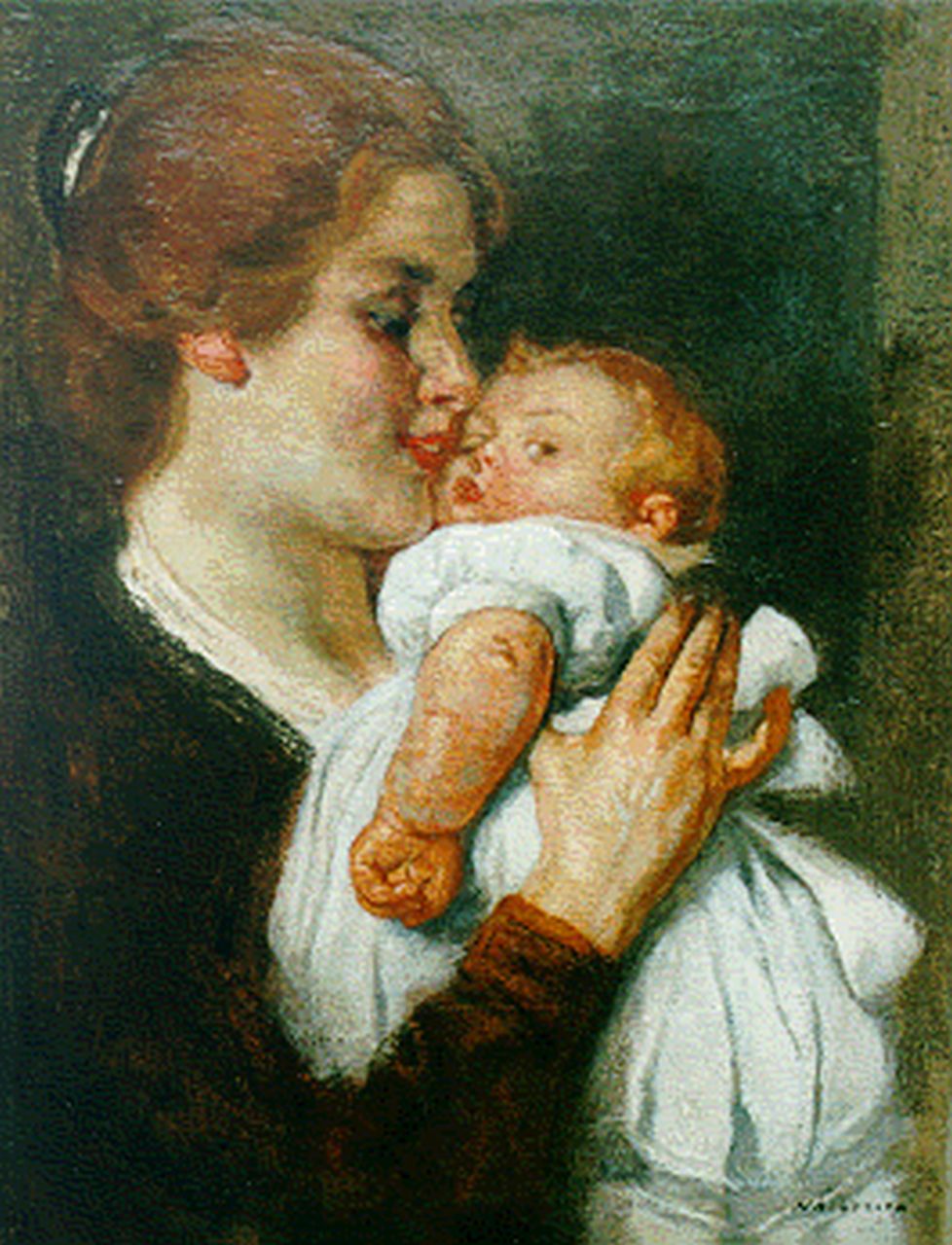 Haverman H.J.  | Hendrik Johannes Haverman, Mother and child, oil on canvas 37.7 x 29.4 cm, signed l.r.