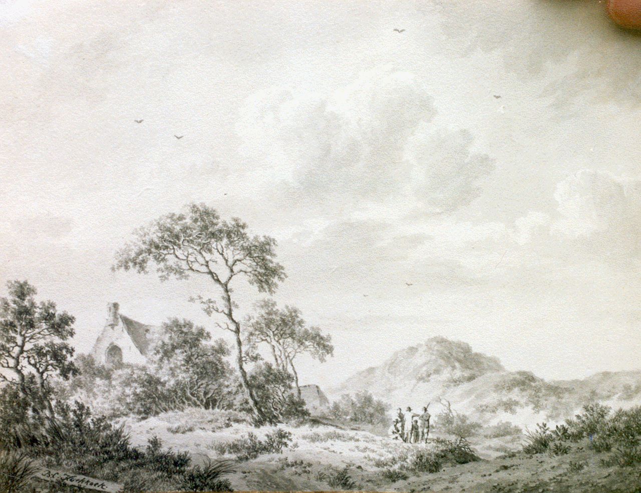 Koekkoek B.C.  | Barend Cornelis Koekkoek, Hunters in a hilly landscape, sepia on paper 14.5 x 19.0 cm, signed l.l.