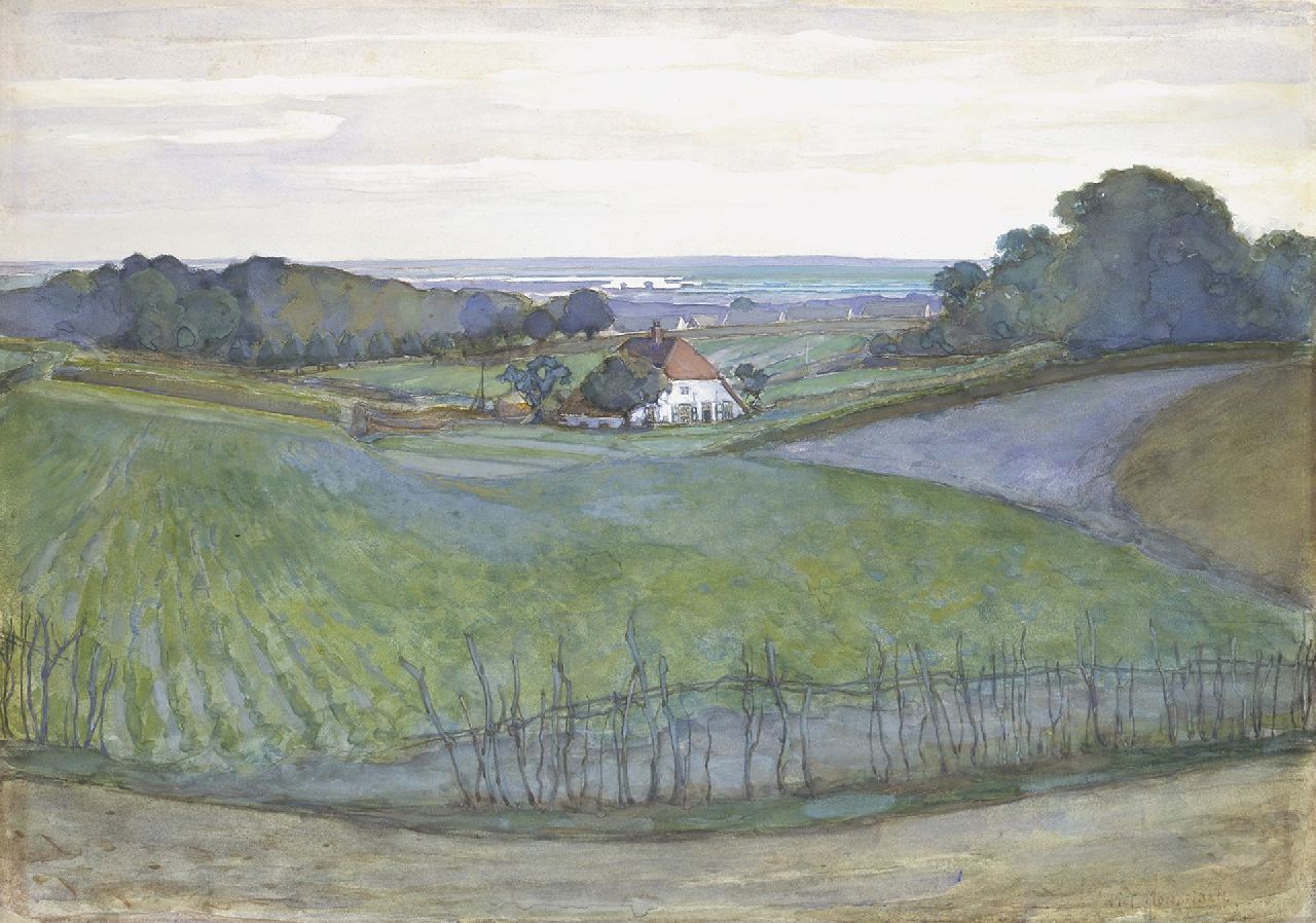 Mondriaan P.C.  | Pieter Cornelis 'Piet' Mondriaan, A farm in a landscape, with Arnhem in the distance, watercolour and gouache on paper 46.0 x 65.0 cm, signed l.r. and painted ca. 1901