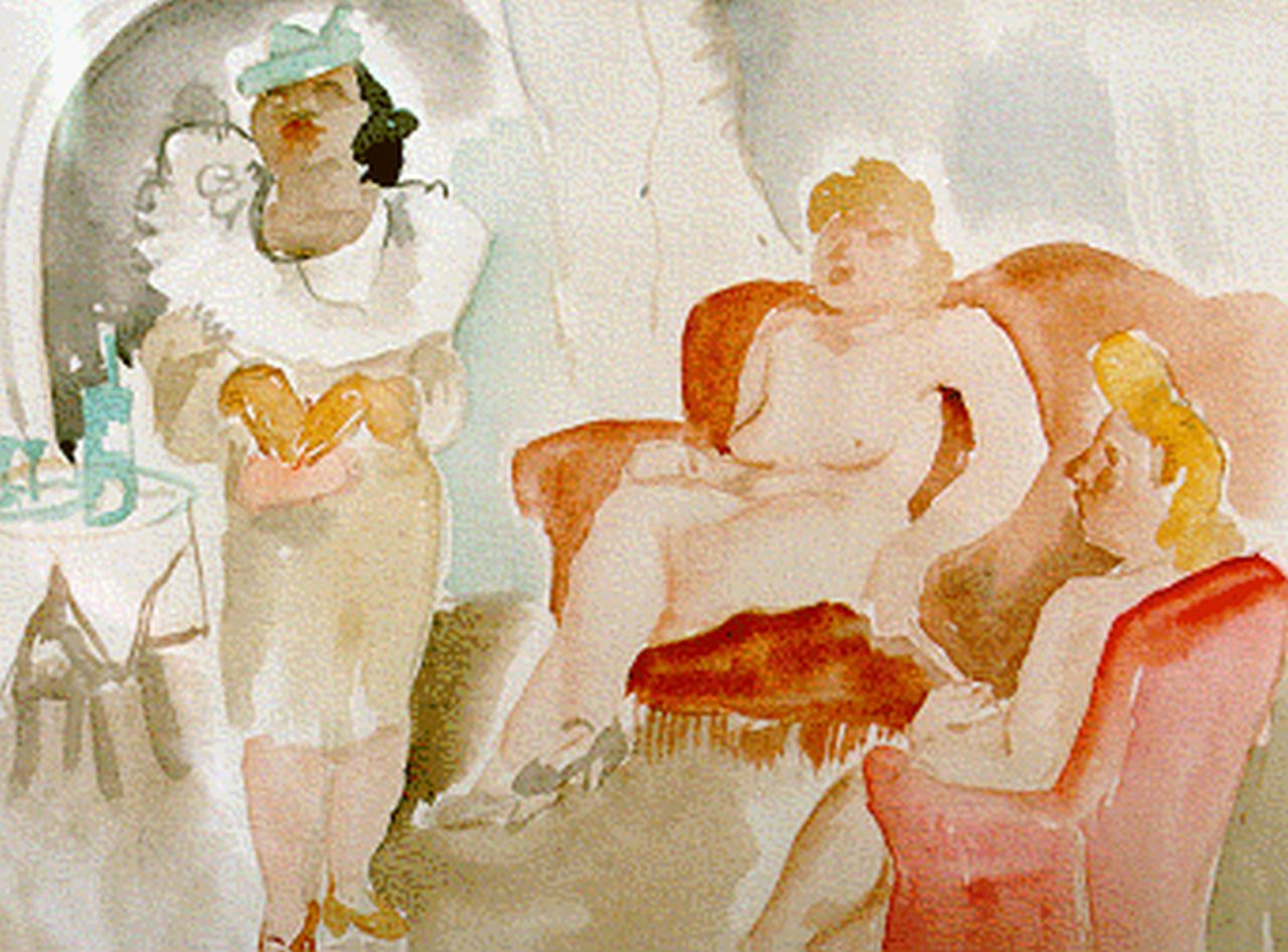 Albert E.  | Ernest Albert, Brothel, watercolour on paper 26.5 x 34.5 cm, signed l.r.