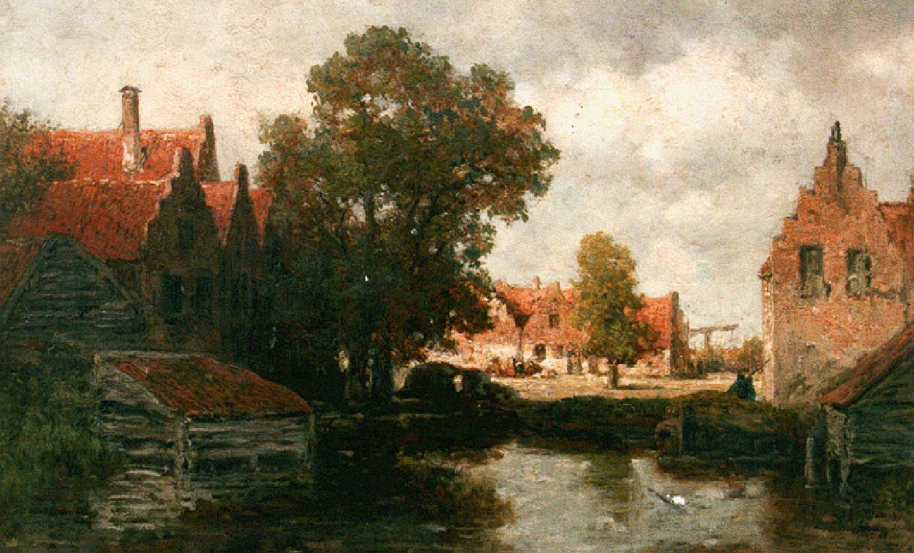 Roelofs W.  | Willem Roelofs, Houses along a waterway, oil on panel 33.4 x 48.2 cm, signed l.r.
