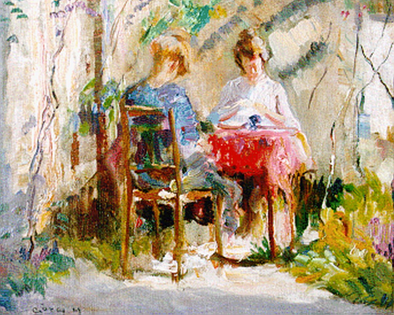 Góth M.  | Móritz 'Maurice' Góth, Ada and Sarika in the garden in Oosterbeek, oil on canvas laid down on panel 21.6 x 26.8 cm, signed l.l.