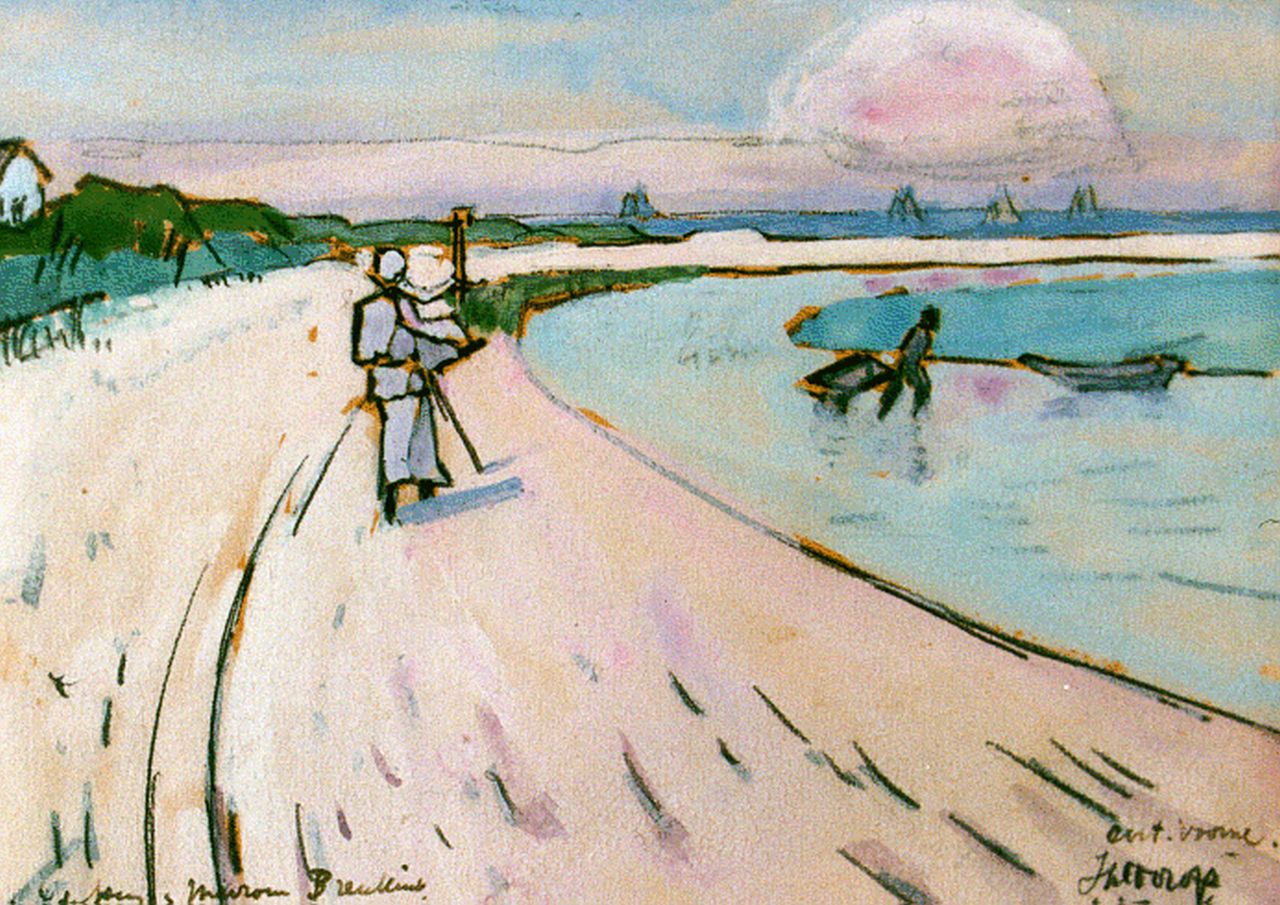 Toorop J.Th.  | Johannes Theodorus 'Jan' Toorop, Walking along the beach, Oostvoorne, watercolour on paper 11.0 x 15.0 cm, signed l.r. and dated 1916