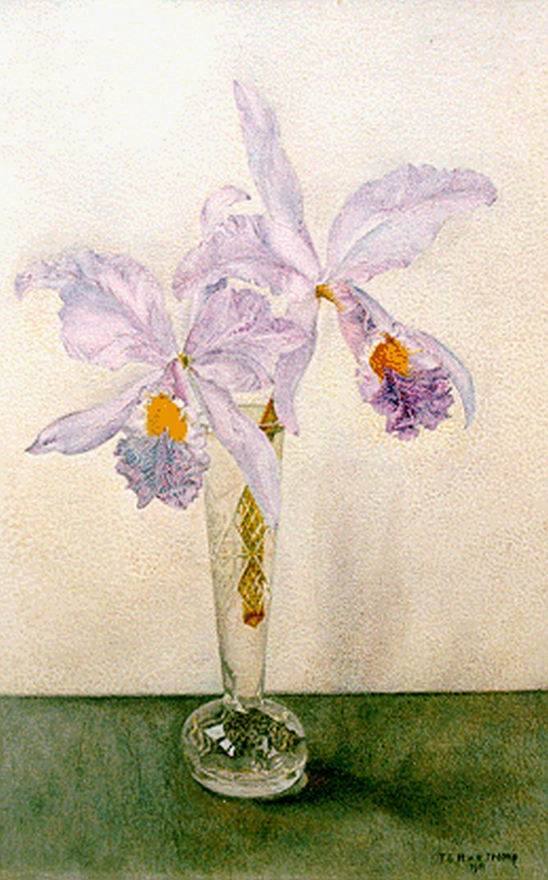 Hettinga Tromp T.G.M. van | Tjitske Geertruida Maria van Hettinga Tromp, Purple orchids, oil on panel 33.0 x 21.8 cm, signed l.r. and dated 1911