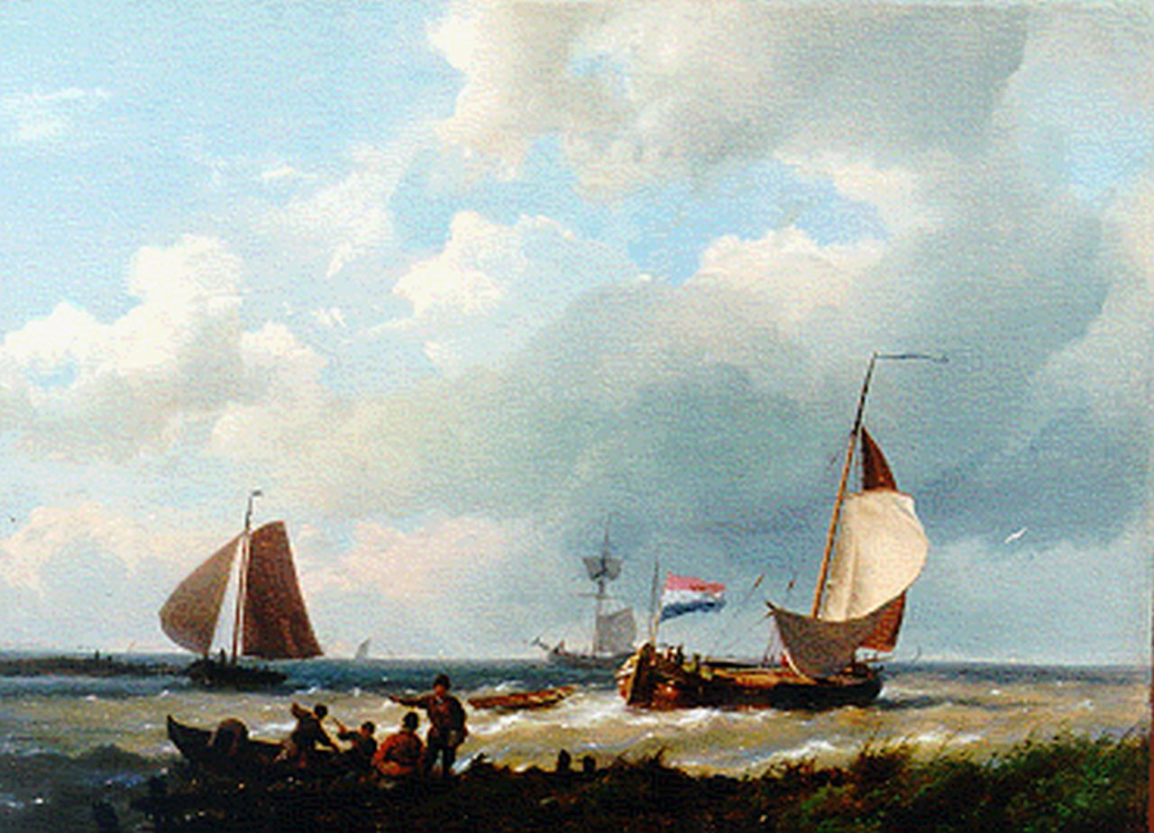 Koekkoek H.  | Hermanus Koekkoek, Vessel by a jetty, oil on canvas laid down on panel 26.3 x 36.0 cm, signed l.l.